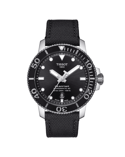 Produktbilde av Tissot Seastar 1000 Powermatic 80 med sort urskive og sort tekstilrem. Ref. T120.407.17.051.00.