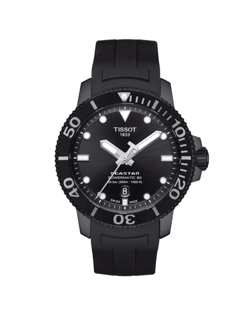Produktbilde av Tissot Seastar 1000 Powermatic 80 med sort urskive og sort gummirem. Ref. T120.407.37.051.00.
