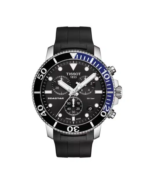 Produktbilde av Tissot Seastar 1000 Quartz Chronograph med sort urskive og sort gummirem. Ref. T120.417.17.051.02.