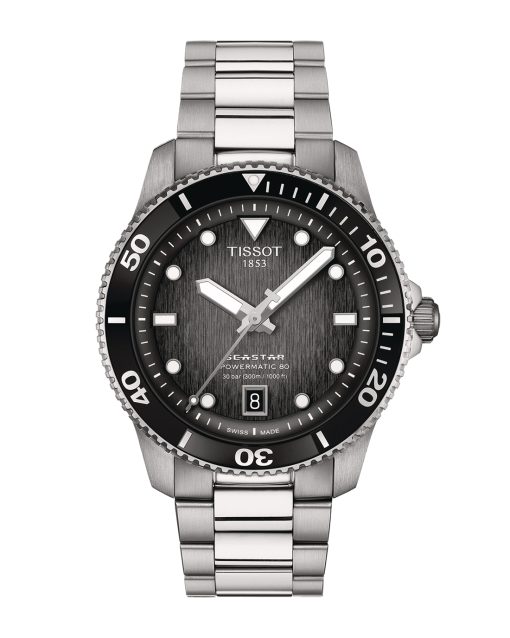 Produktbilde av Tissot Seastar 1000 Powermatic 80 40mm med sort urskive på stållenke. Ref. T120.807.11.051.00.
