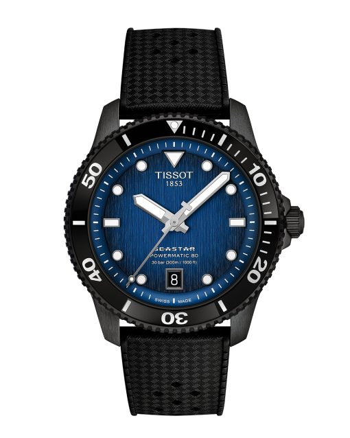 Produktbilde av Tissot Seastar 1000 Powermatic 80 40mm med blå urskive på gummirem. Ref. T120.807.37.041.00.