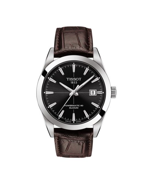 Produktbilde av Tissot Gentleman Powermatic 80 Silicium med sort tallskive og brun skinnrem. Referanse T127.407.16.051.01