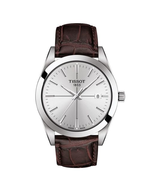 Tissot Gentleman Quartz med sølvfarget tallskive og brun skinnreim. Referanse T127.410.16.031.01
