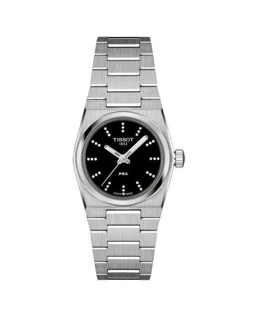 Produktbilde av Tissot PRX Quartz 25mm med sort urskive på stållenke. Ref. T137.010.11.056.00.
