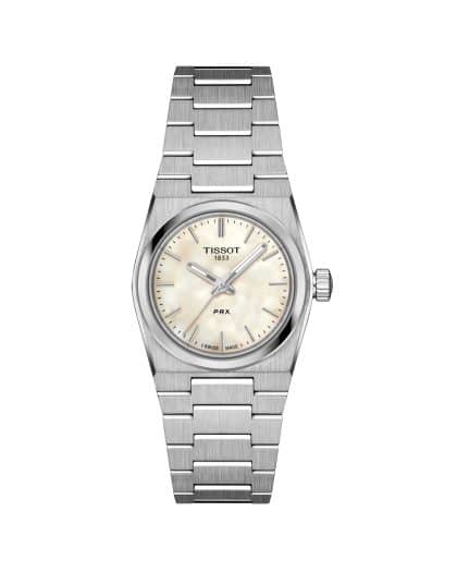 Produktbilde av Tissot PRX Quartz 25mm med hvit perlemor urskive og stållenke. Ref. T137.010.11.111.00.