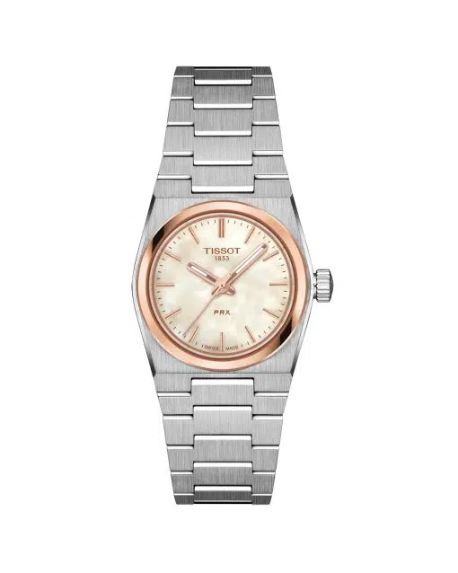Produktbilde av Tissot PRX Quartz 25mm med hvit urskive på stållenke. Ref. T137.010.21.111.00.