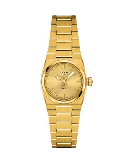 Produktbilde av Tissot PRX 25mm med gullfarget urskive på stållenke. Ref. T137.010.33.021.00.