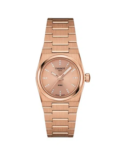 Produktbilde av Tissot PRX Quartz 25mm med rosegull urskive på stållenke. Ref. T137.010.33.506.00.