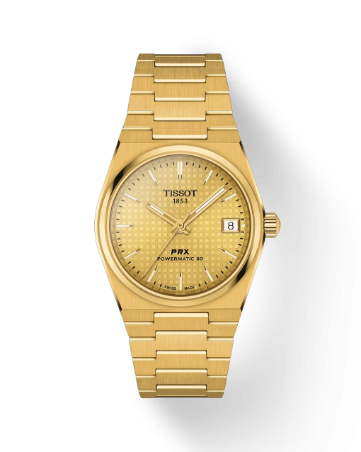 Tissot PRX Powermatic 80 35mm med gullfarget tallskive og gullfarget lenke. Referanse: T137.207.33.021.00