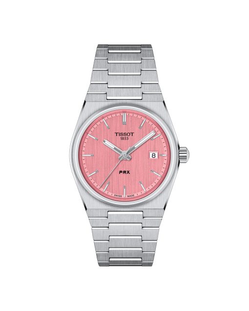 Produktbilde av Tissot PRX 35mm med rosa urskive på stållenke. Ref. T137.210.11.331.00.
