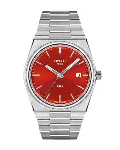 Produktbilde av Tissot PRX Quartz 40mm med rød urskive på stållenke. Ref. T137.410.11.421.00.