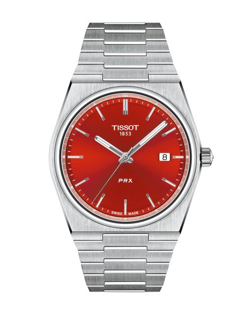 Produktbilde av Tissot PRX Quartz 40mm med rød urskive på stållenke. Ref. T137.410.11.421.00.