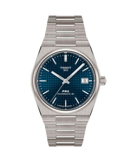 Produktbilde av Tissot PRX 38mm med blå urskive på stållenke. Ref. T137.807.44.041.00.