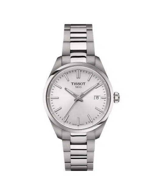 Produktbilde av Tissot PR 100 34mm med sølv urskive på stållenke. Ref. T150.210.11.031.00.
