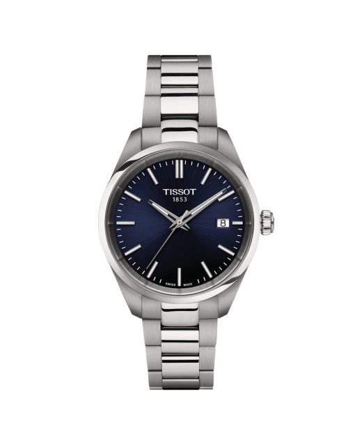 Produktbilde av Tissot PR 100 34mm med blå urskive på stållenke. Ref. T150.210.11.041.00.