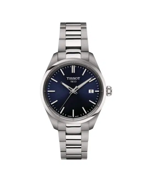 Produktbilde av Tissot PR 100 34mm med blå urskive på stållenke. Ref. T150.210.11.041.00.