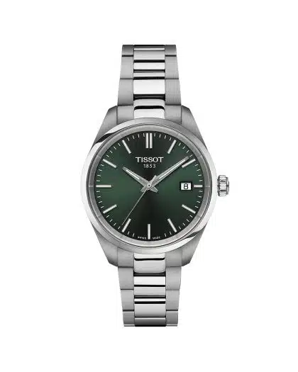Produktbilde av Tissot PR 100 34mm med grønn urskive på stållenke. Ref. T150.210.11.091.00.