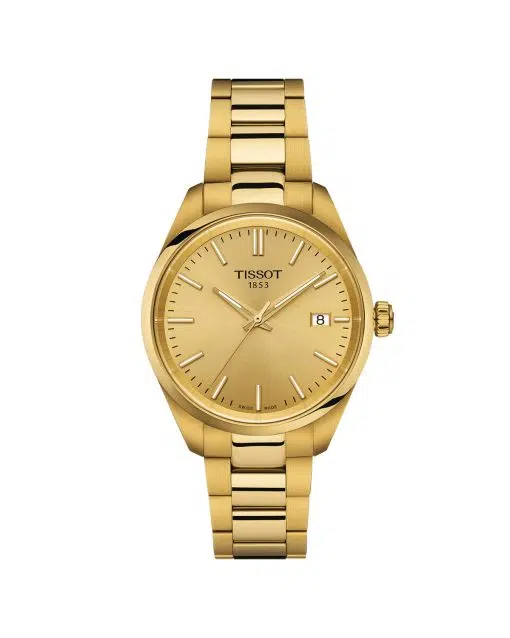Produktbilde av Tissot PR 100 34mm med gull urskive på stållenke. Ref. T150.210.33.021.00.