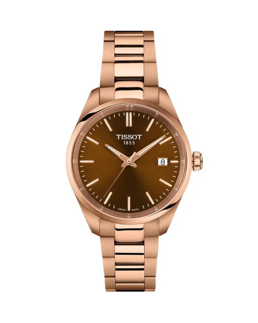 Produktbilde av Tissot PR 100 34mm med brun urskive på stållenke. Ref. T150.210.33.291.00.