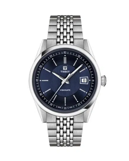 Produktbilde av Tissot Visodate 39mm med blå urskive på stållenke. Ref. T157.407.11.041.00.
