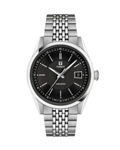 Produktbilde av Tissot Visodate 39mm med sort urskive på stållenke. Ref. T157.407.11.051.00.