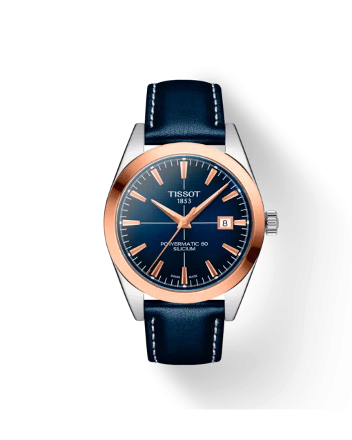 Produktbilde av Tissot Gentleman Powermatic 80 Silicium 18K Gold med blå tallskive og skinnrem. Referanse T927.407.46.041.00