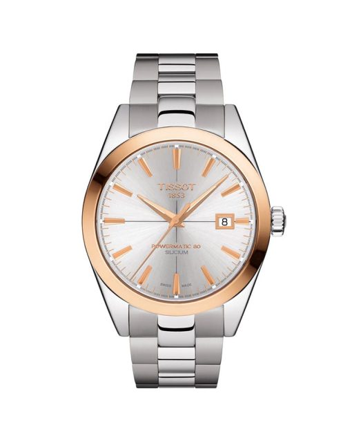 Produktbilde av Tissot Gentleman Powermatic 80 Silicium 18K Gold med sølvfarget tallskive og stållenke. Referanse T927.407.41.031.00