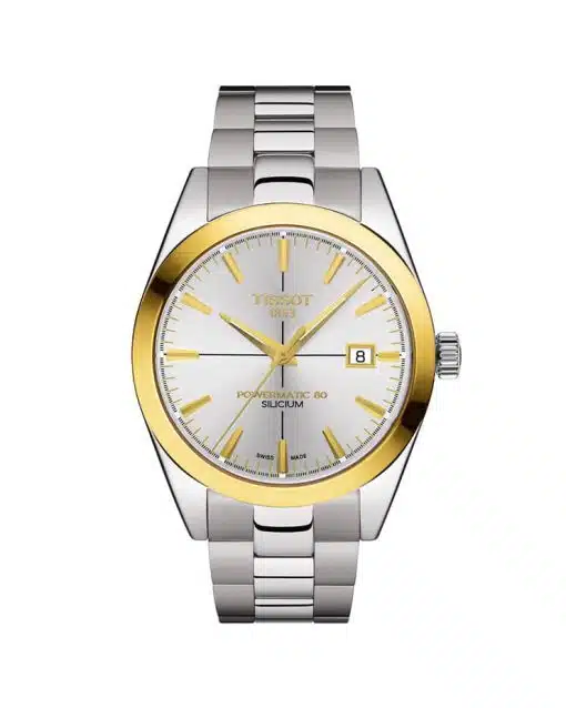 Produktbilde av Tissot Gentleman Powermatic 80 Silicium 18K Yellow Gold med sølvfarget tallskive og stållenke. Referanse T927.407.41.031.01