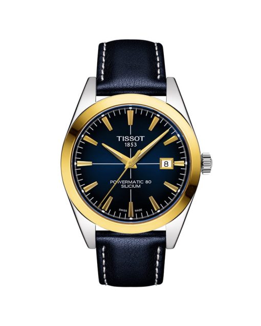 Produktbilde av Tissot Gentleman Powermatic 80 Silicium 18K Yellow Gold med blå tallskive og skinnrem. Referanse T927.407.46.041.01