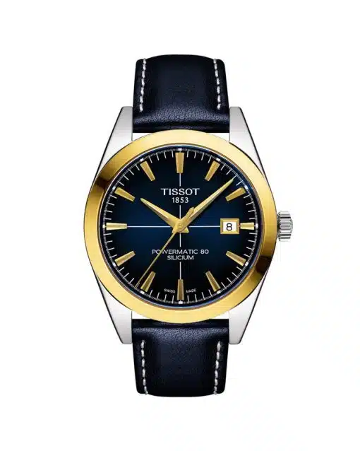 Produktbilde av Tissot Gentleman Powermatic 80 Silicium 18K Yellow Gold med blå tallskive og skinnrem. Referanse T927.407.46.041.01