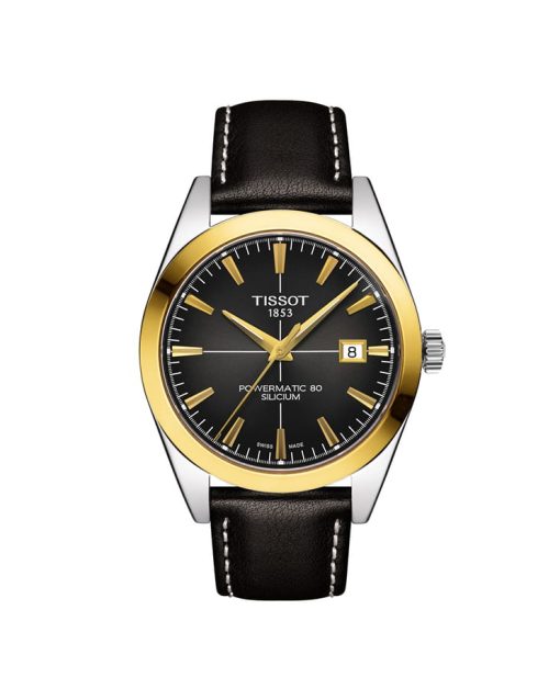 Produktbilde av Tissot Gentleman Powermatic 80 Silicium 18K gult gull med sort tallskive og skinnrem. Referanse T927.407.46.061.01