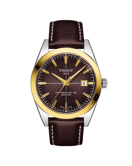 Produktbilde av Tissot Gentleman Powermatic 80 Silicium 18K gult gull med brun tallskive og skinnrem. Referanse T927.407.46.291.01