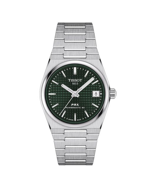 Tissot PRX 35mm Powermatic 80 med grønn tallskive og stål lenke. Referanse: T137.207.11.091.00