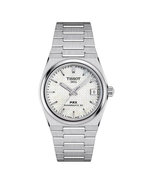 Tissot PRX 35mm Powermatic 80 med hvit perlemorskive og stål lenke. Referanse: T137.207.11.111.00