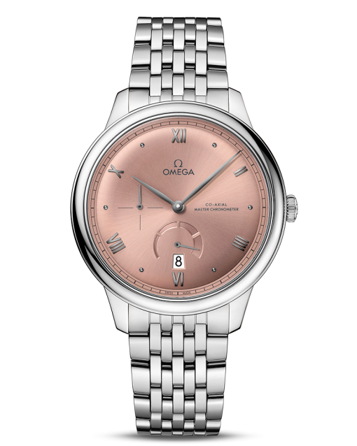 Produktbilde avOmega De Ville Prestige Co-Axial Master Chronometer Power Reserve 41MM med rosa urskive på stållenke. Ref, O43410412110001.