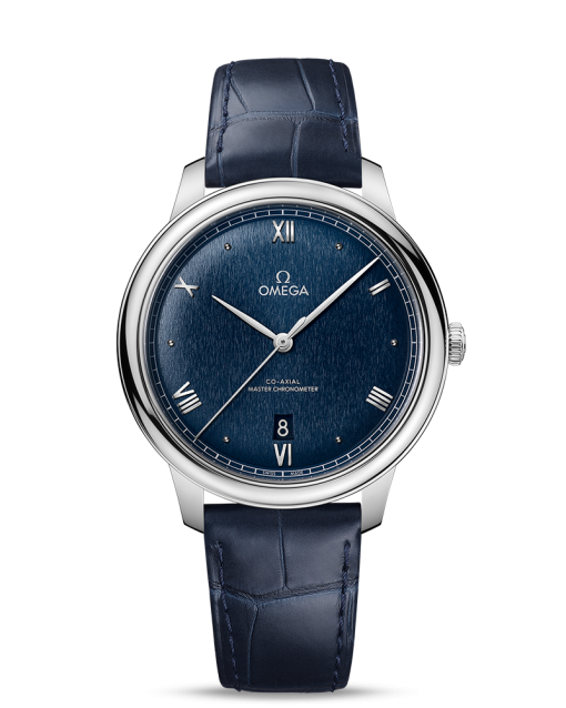 Produktbilde av Omega De Ville Prestige Co-Axial Master Chronometer 40MM med blå urskive på blå skinnrem. Ref. O43413402003001.