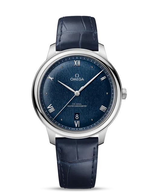 Produktbilde av Omega De Ville Prestige Co-Axial Master Chronometer 40MM med blå urskive på blå skinnrem. Ref. O43413402003001.