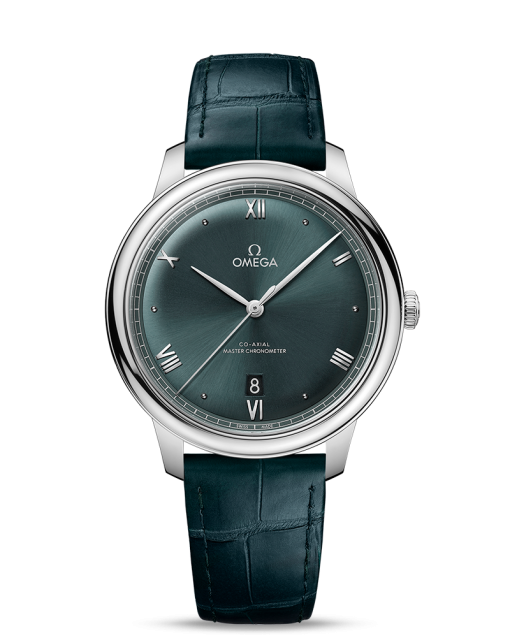 Produktbilde av Omega De Ville Prestige Co-Axial Master Chronometer 40MM med grønn urskive på grønn skinnrem. Ref. O43413402010001.