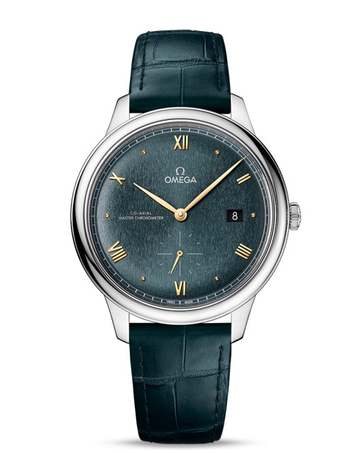 Produktbilde av Omega De Ville Prestige Co-Axial Master Chronometer Small Seconds 41MM med grønn urskive på grønn skinnrem. Ref. O43413412010001.