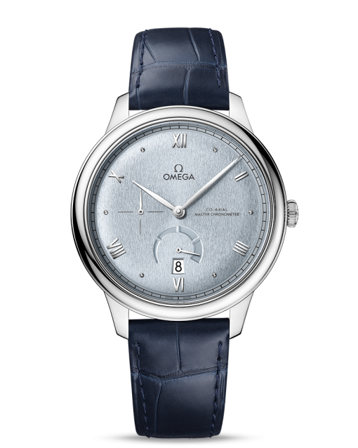 Produktbilde av Omega De Ville Prestige Co-Axial Master Chronometer Power Reserve 41MM med blå urskive på blå skinnrem. Ref. O43413412103001.
