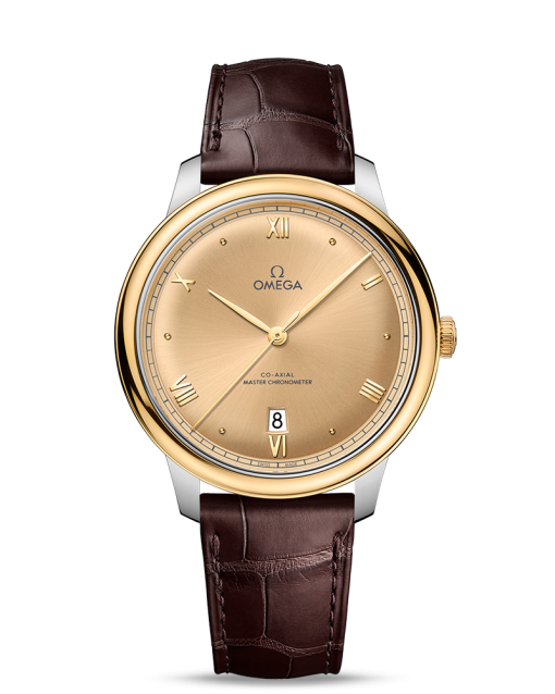 Produktbilde av Omega De Ville Prestige Co-Axial Master Chronometer 40MM med gullfarget urskive på brun skinnrem. Ref. O43423402008001.
