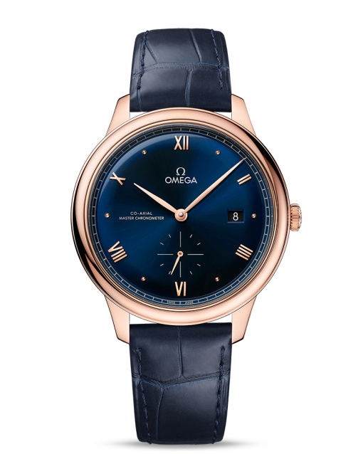 Produktbilde av Omega De Ville Prestige Co-Axial Master Chronometer Small Seconds 41MM med blå urskive på blå skinnrem. Ref. O43453412003001.
