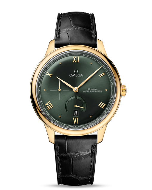 Omega De Ville Prestige Co-Axial Master Chronometer Power Reserve 41MM i gult gull-kasse og grønn tallskive med sort skinnrem. Referanse: 434.53.41.21.10.001