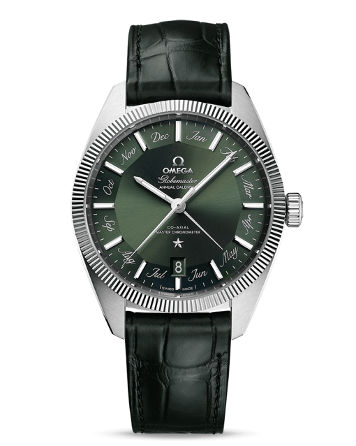 Produktbilde av Omega Constellation Globemaster Co-Axial Master Chronometer Annual Calendar 41 MM med grønn urskive og skinnrem. Ref. O13033412210001.