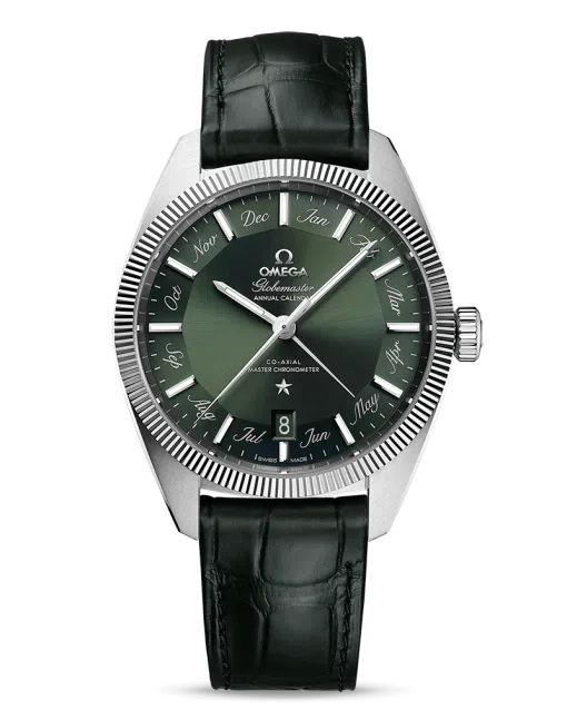 Produktbilde av Omega Constellation Globemaster Co-Axial Master Chronometer Annual Calendar 41 MM med grønn urskive og skinnrem. Ref. O13033412210001.