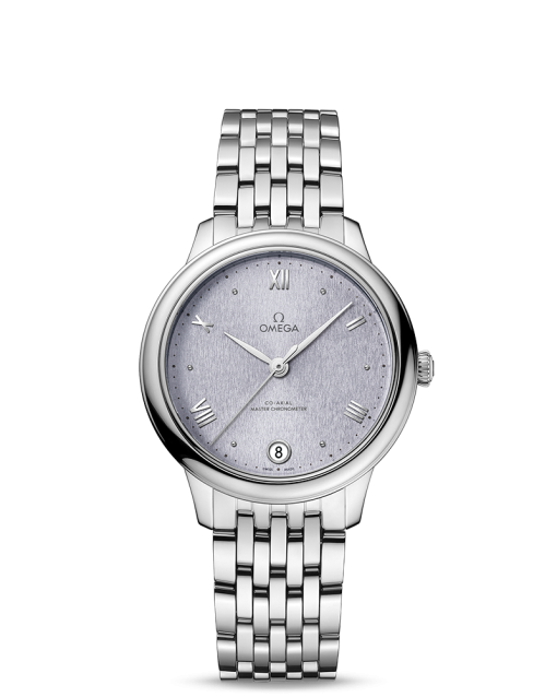 Produktbilde av Omega De Ville Prestige Co-Axial Master Chronometer 34MM med lilla urskive og stållenke. Ref. O43410342003001.