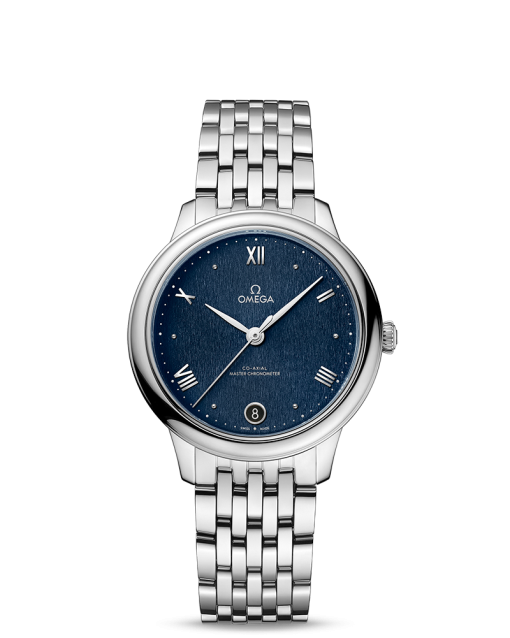 Produktbilde av Omega De Ville Prestige Co-Axial Master Chronometer 34MM med blå urskive og stållenke. Ref. O43410342003002.