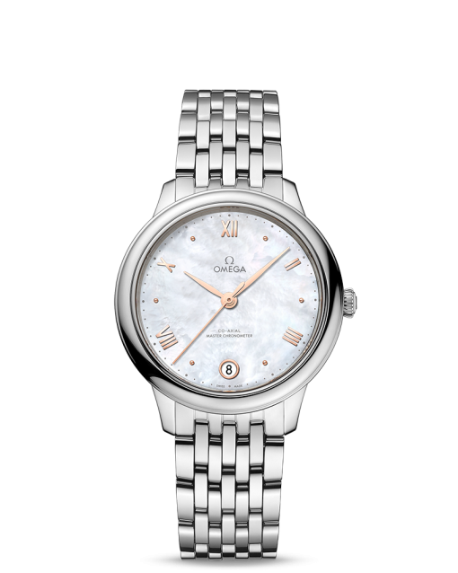 Produktbilde av Omega De Ville Prestige Co-Axial Master Chronometer 34MM med perlemor urskive og stållenke. Ref. O43410342005001.