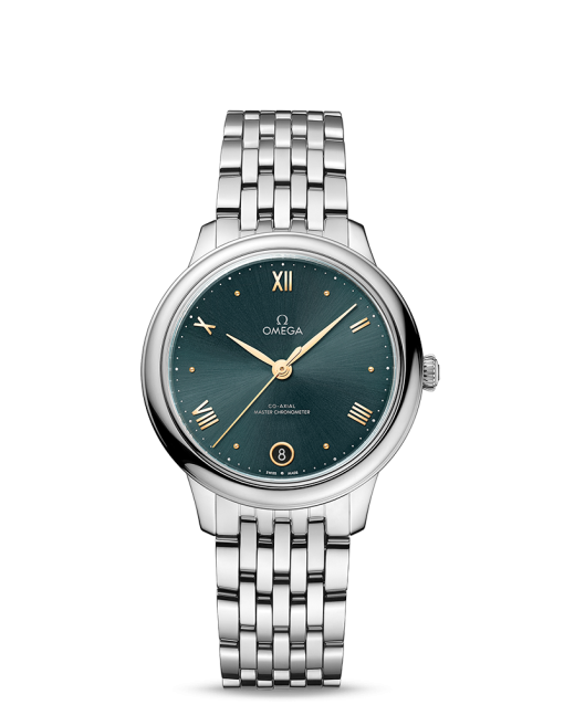 Produktbilde av Omega De Ville Prestige Co-Axial Master Chronometer 34MM med grønn urskive og stållenke. Ref. O43410342010001.