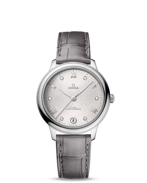 Produktbilde av Omega De Ville Prestige Co-Axial Master Chronometer 34MM med sølv urskive på grå skinnrem. Ref. O43413342052001.